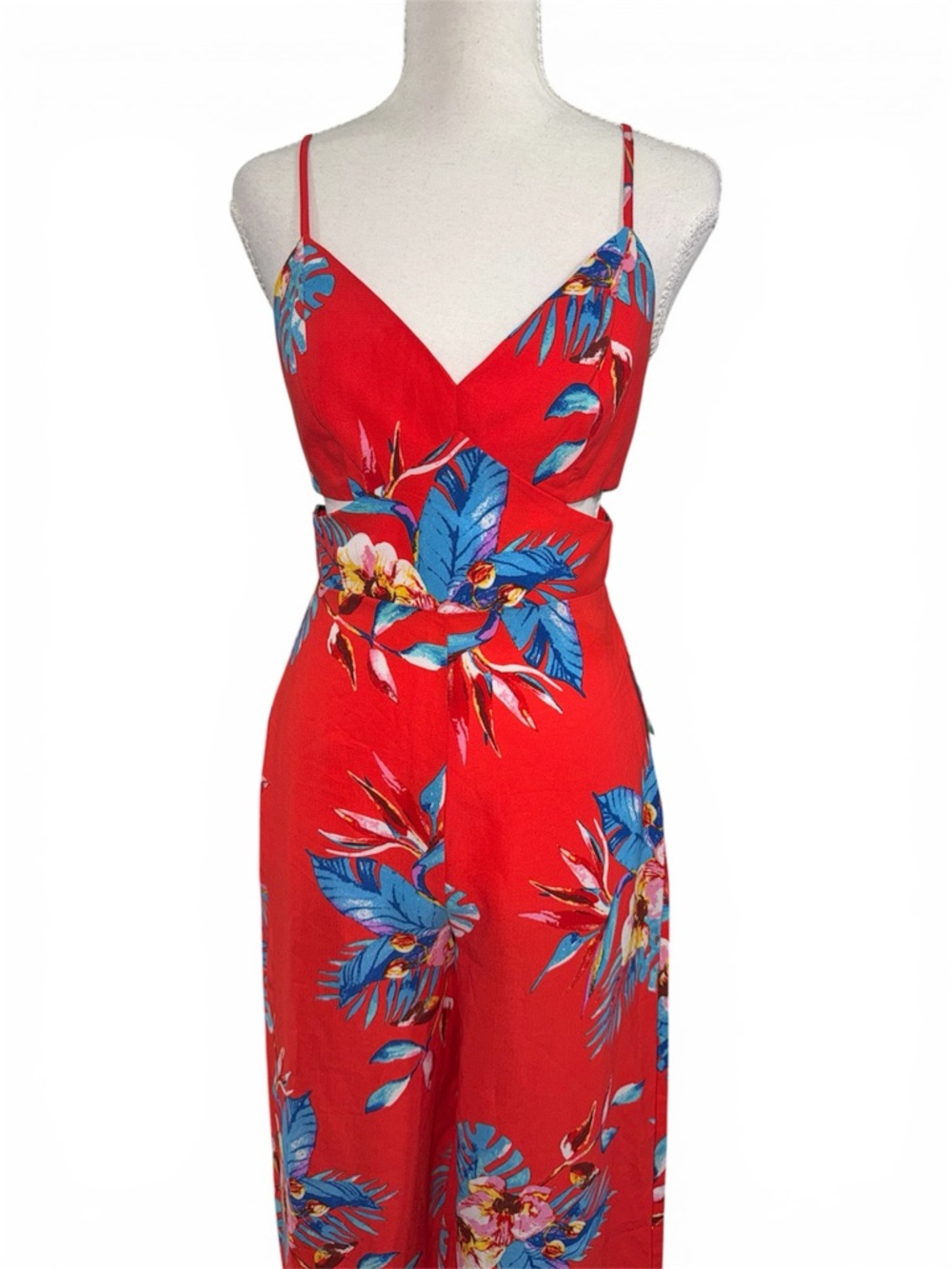 FOREVER21-NWT  Red Coral Tropical Print Cutout Jumpsuit Women’s Size Small 🌺